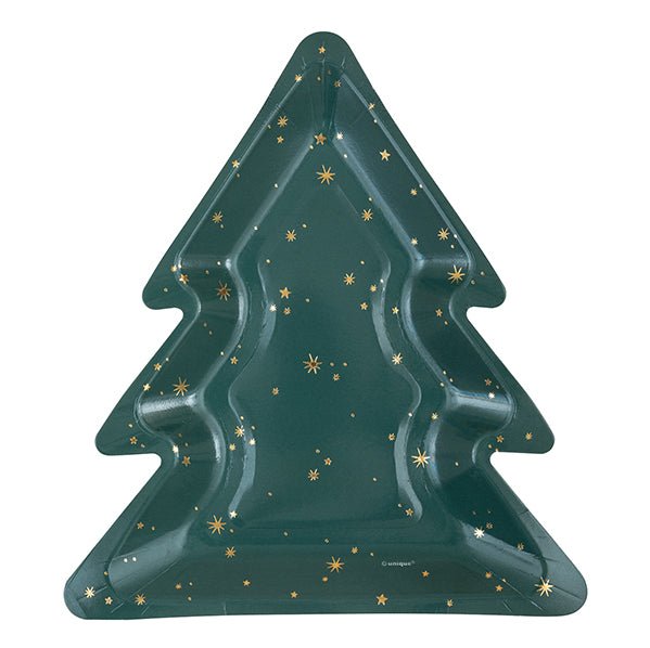 Modern Christmas Foil Stamped Tree Shaped Paper Plates (Pack of 8) - The Party Marketplace