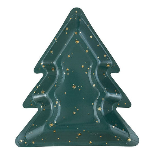 Modern Christmas Foil Stamped Tree Shaped Paper Plates (Pack of 8) - The Party Marketplace