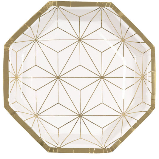 Modern Gold Geometric Foil Stamped Octagonal Paper Plates 23cm (Pack of 8) - The Party Marketplace