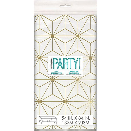 Modern Gold Geometric Printed Foil Tablecover 137cm x 213cm - The Party Marketplace