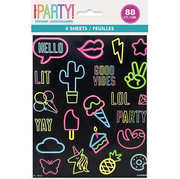 Neon Birthday Sticker Sheets (Pack of 4) - The Party Marketplace