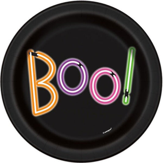 Neon Lights "Boo!" Halloween Paper Plates 18cm (Pack of 8) - The Party Marketplace