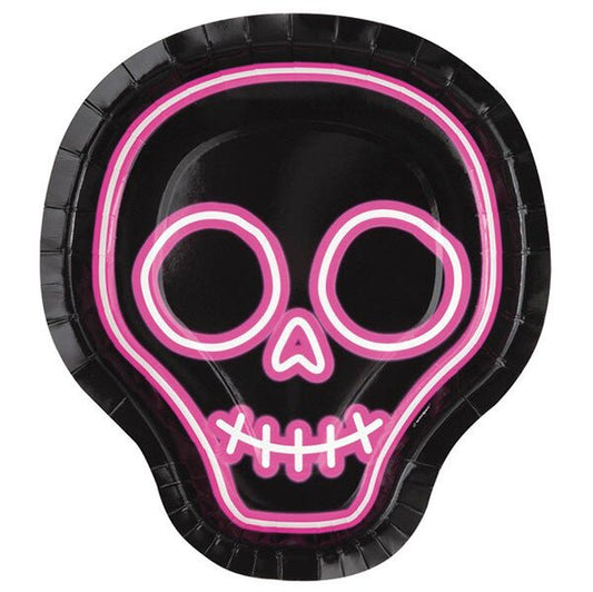 Neon Lights Halloween Skull Shaped Paper Plates 21.5cm (Pack of 8) - The Party Marketplace