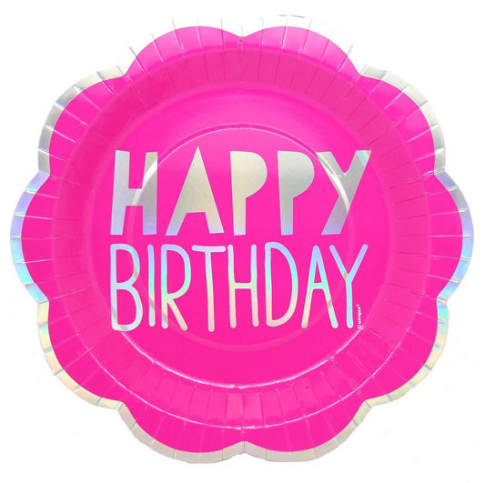 Neon Pink "Happy Birthday" Foil Stamped Flower Shaped Paper Plates (Pack of 8) - The Party Marketplace