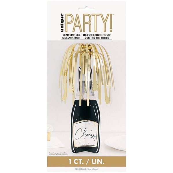 New Year Foil Stamped Champagne Bottle Centrepiece With Foil Fringe 40.6cm - The Party Marketplace