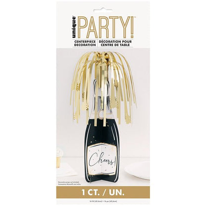 New Year Foil Stamped Champagne Bottle Centrepiece With Foil Fringe 40.6cm - The Party Marketplace