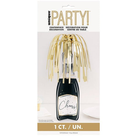 New Year Foil Stamped Champagne Bottle Centrepiece With Foil Fringe 40.6cm - The Party Marketplace