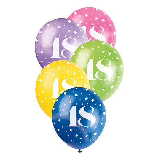 Number "18" Assorted Colour Pearl Balloons 30cm (Pack of 5) - The Party Marketplace