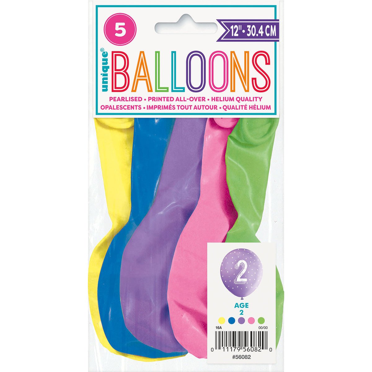 Number "2" Assorted Colour Pearl Balloons 30cm (Pack of 5) - The Party Marketplace