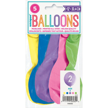 Number "2" Assorted Colour Pearl Balloons 30cm (Pack of 5) - The Party Marketplace
