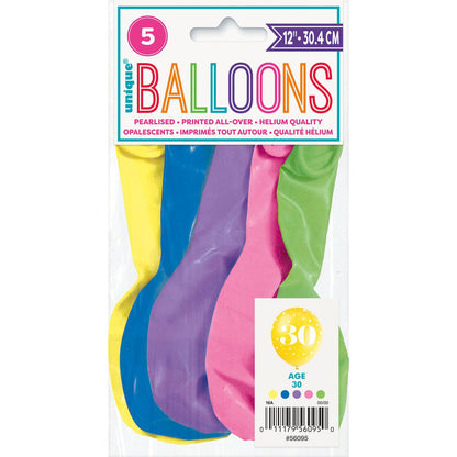 Number "30" Assorted Colour Pearl Balloons 30cm (Pack of 5) - The Party Marketplace