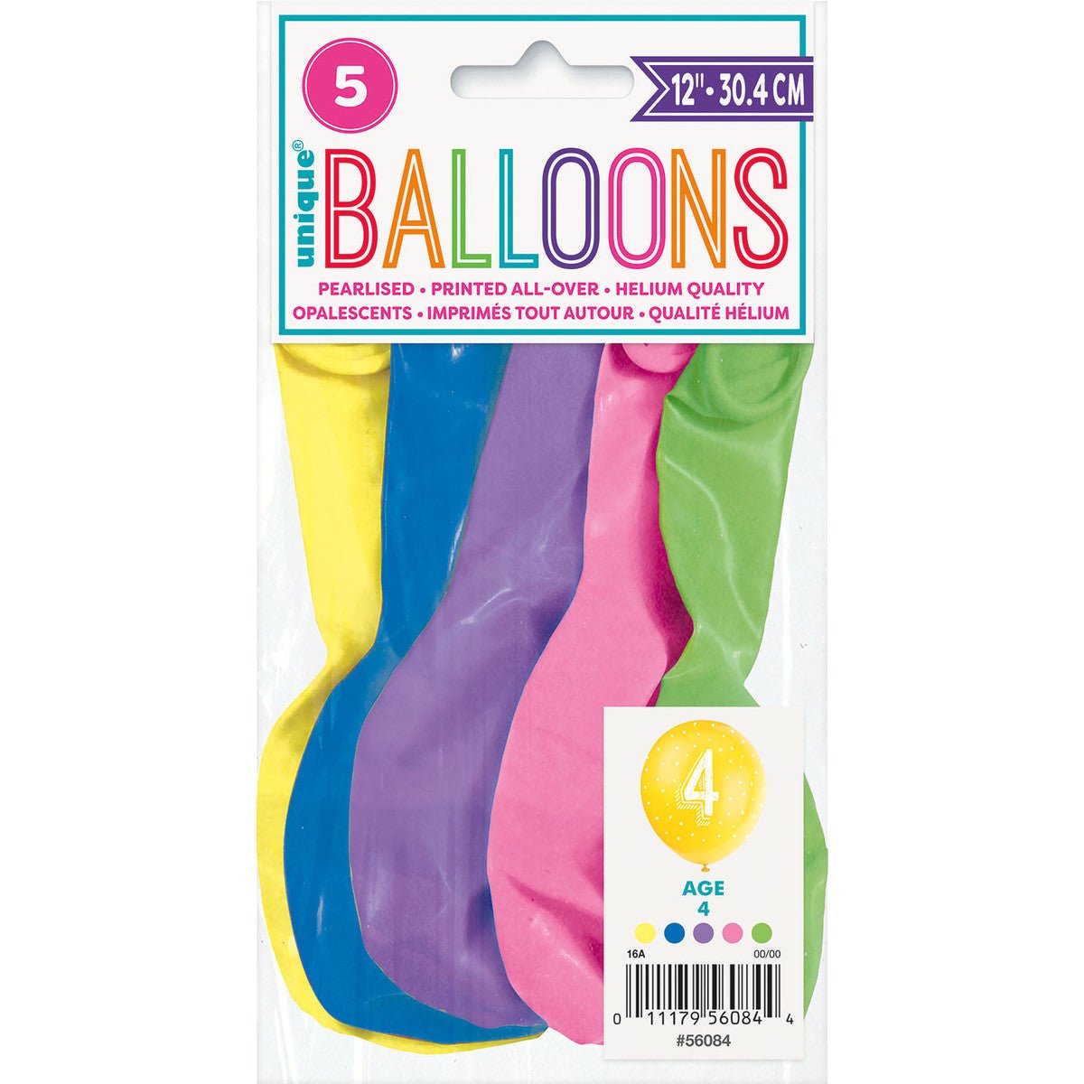 Number "4" Assorted Colour Pearl Balloons 30cm (Pack of 5) - The Party Marketplace