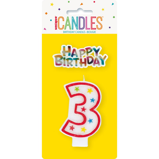 Numeral Candle with Happy Birthday Cake Topper - 3 - The Party Marketplace