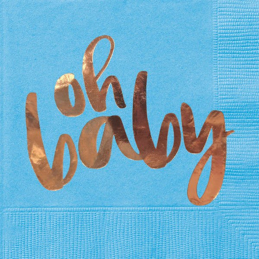 "Oh Baby" Blue & Gold Foil Stamped Luncheon Napkins (Pack of 16) - The Party Marketplace