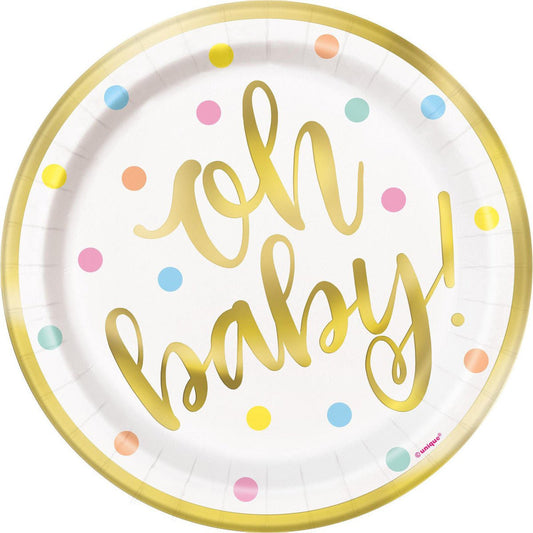 "Oh Baby" Foil Stamped Paper Plates 18cm (Pack of 8) - The Party Marketplace
