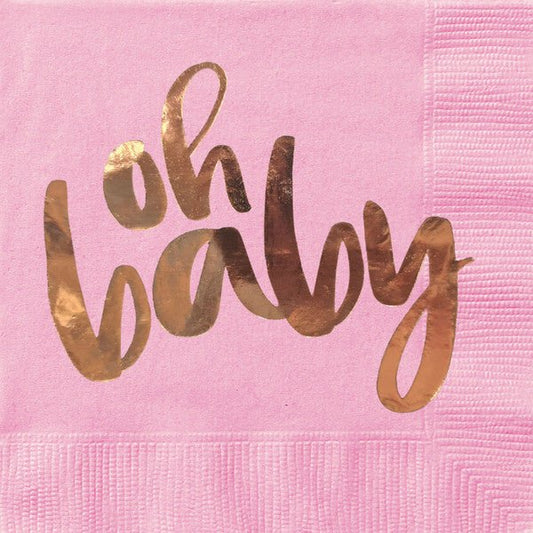 "Oh Baby" Pink & Gold Foil Stamped Luncheon Napkins (Pack of 16) - The Party Marketplace