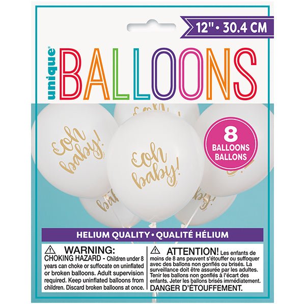 "Oh Baby" White Balloons 30cm (Pack of 8) - The Party Marketplace