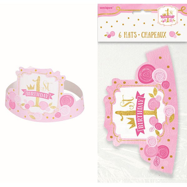 Party Hats - 1st Birthday Pink & Gold (Pack of 6) - The Party Marketplace