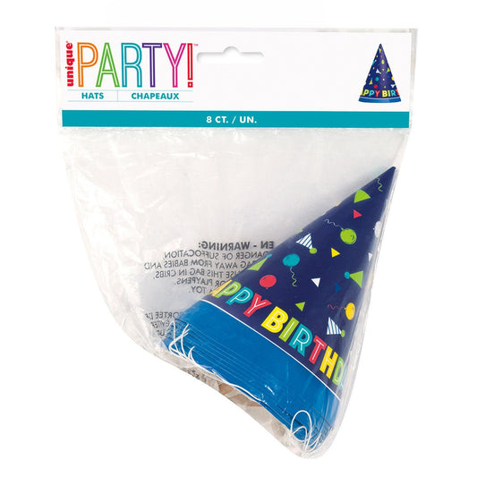 Party Hats - Peppy Birthday "Happy Birthday" (Pack of 8) - The Party Marketplace