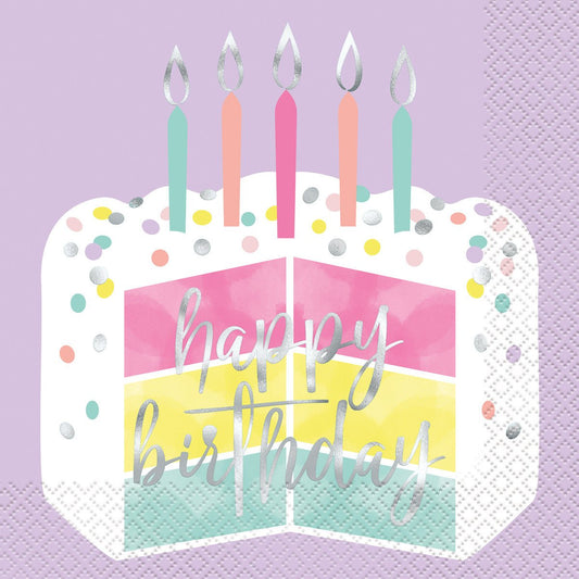 Pastel Cake "Happy Birthday" Foil Stamped Luncheon Napkins (Pack of 16) - The Party Marketplace