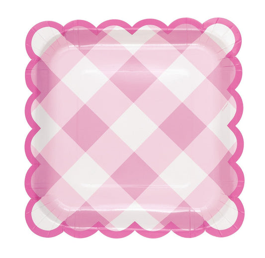 Pastel Gingham Pink Scalloped Edge Square Paper Plates 23cm (Pack of 8) - The Party Marketplace