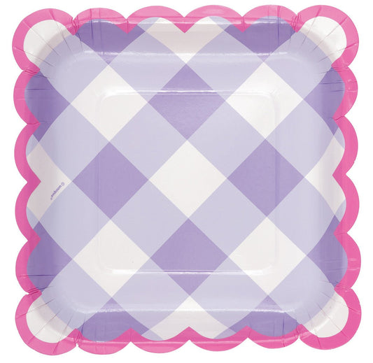 Pastel Gingham Purple Scalloped Edge Square Paper Plates 18cm (Pack of 8) - The Party Marketplace