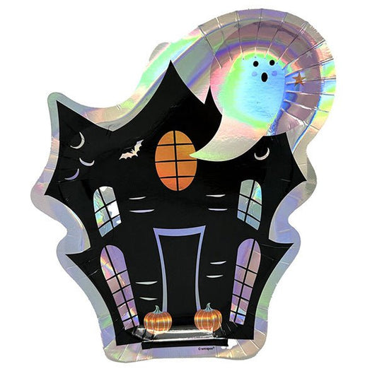 Pastel Hauntings Foil Stamped Haunted House Shaped Paper Plates 23cm (Pack of 8) - The Party Marketplace