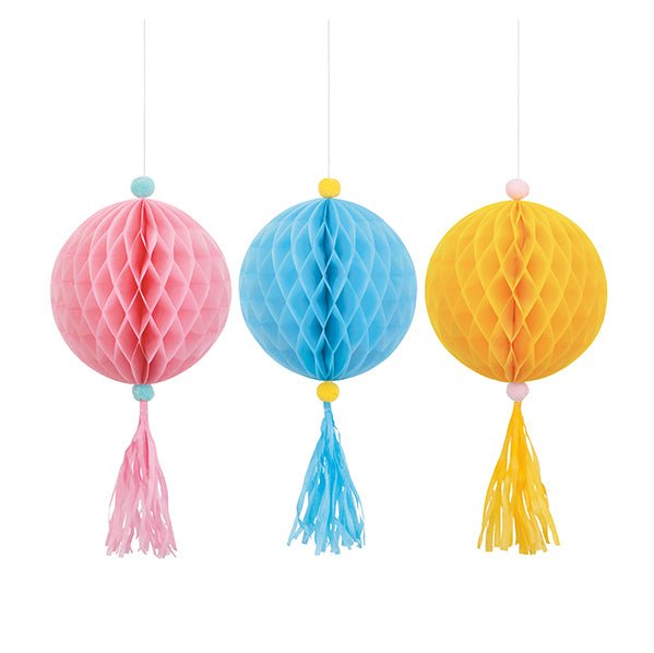 Pastel Honeycomb Decorations with Tassels - 40.6cm (Pack of 3) - The Party Marketplace