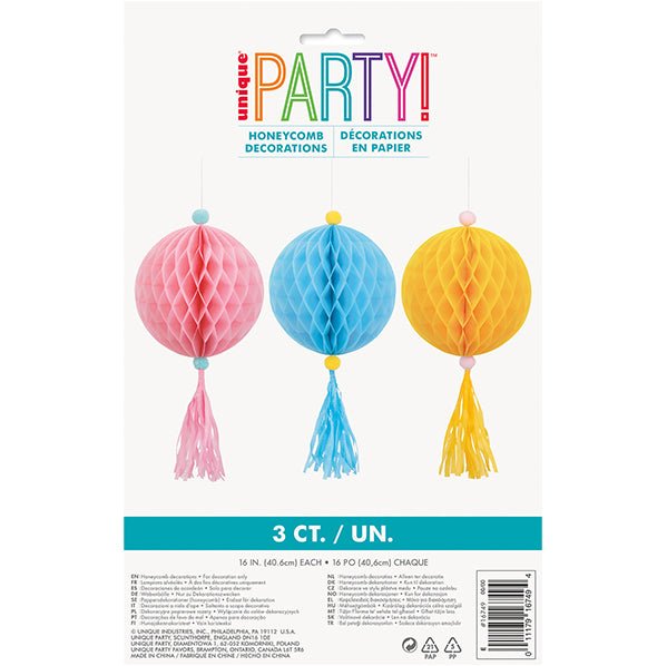 Pastel Honeycomb Decorations with Tassels - 40.6cm (Pack of 3) - The Party Marketplace