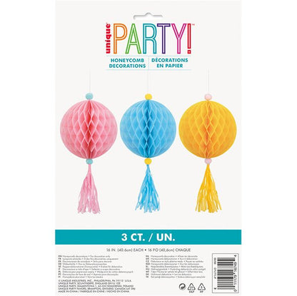 Pastel Honeycomb Decorations with Tassels - 40.6cm (Pack of 3) - The Party Marketplace