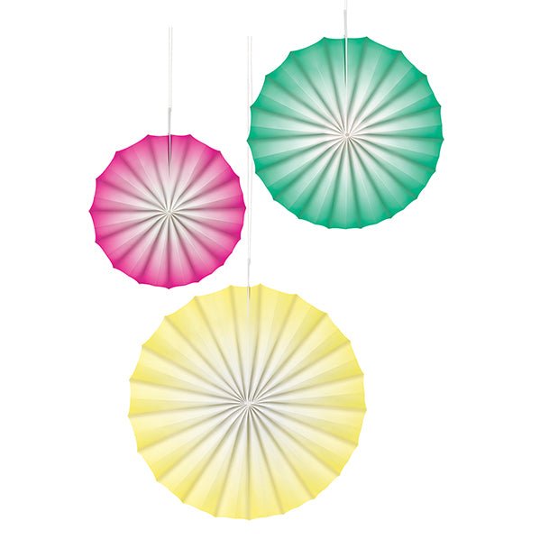 Pastel Paper Fan Decorations - Assorted Colours & Sizes (Pack of 3) - The Party Marketplace