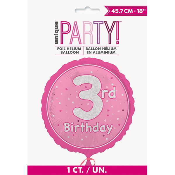 Pink "3rd Birthday" Foil Prismatic Balloon 45cm - The Party Marketplace