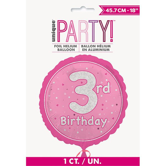 Pink "3rd Birthday" Foil Prismatic Balloon 45cm - The Party Marketplace