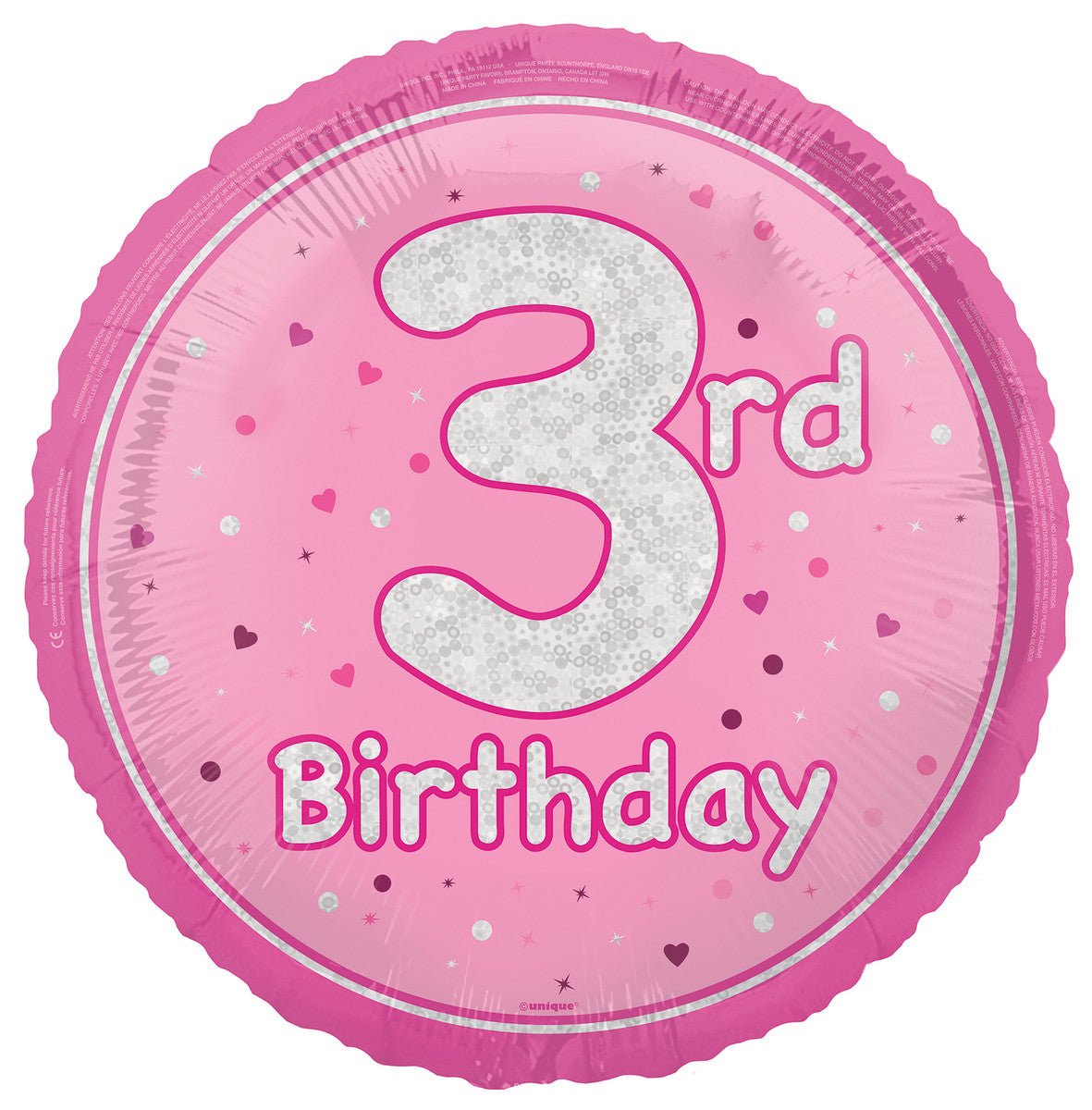 Pink "3rd Birthday" Foil Prismatic Balloon 45cm - The Party Marketplace