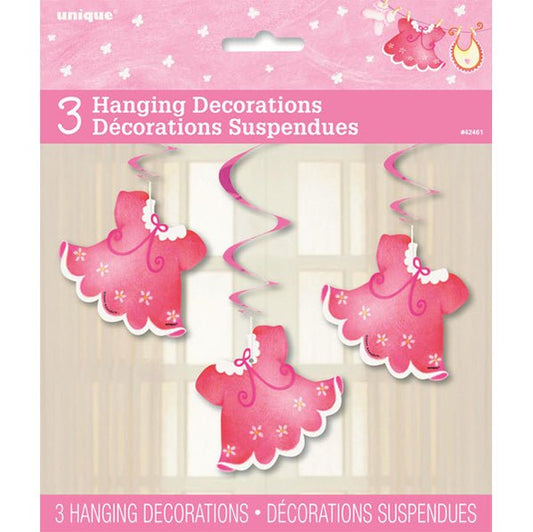 Pink Clothesline "It's A Girl" Hanging Swirl Decorations (Pack of 3) - The Party Marketplace