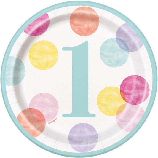 Pink Dots 1st Birthday Paper Plates 18cm (Pack of 8) - The Party Marketplace