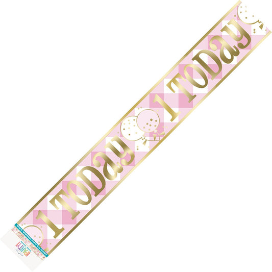 Pink Gingham 1st Birthday "1 Today" Foil Banner - 3.6m - The Party Marketplace