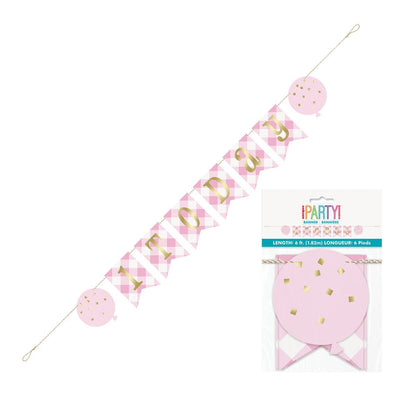 Pink Gingham 1st Birthday "1 Today" Foil Stamped Pennant Banner - 1.82m - The Party Marketplace