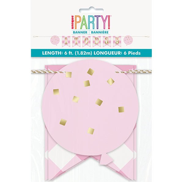Pink Gingham 1st Birthday "1 Today" Foil Stamped Pennant Banner - 1.82m - The Party Marketplace