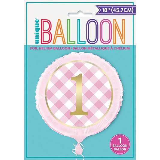 Pink Gingham 1st Birthday Foil Balloon 45cm - The Party Marketplace