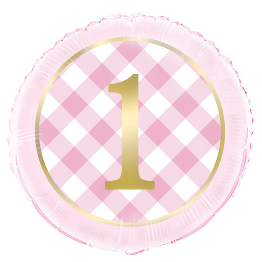 Pink Gingham 1st Birthday Foil Balloon 45cm - The Party Marketplace
