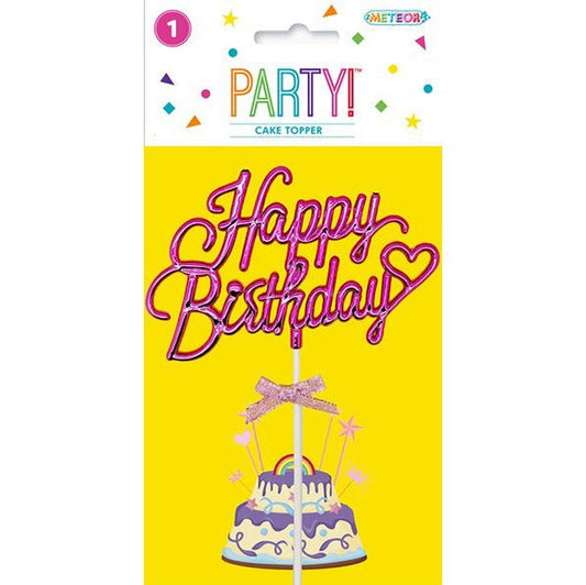 Pink "Happy Birthday" Cake Topper With Bow - The Party Marketplace