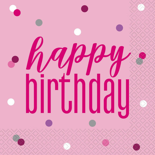 Pink "Happy Birthday" Foil Stamped Luncheon Napkins (Pack of 16) - The Party Marketplace