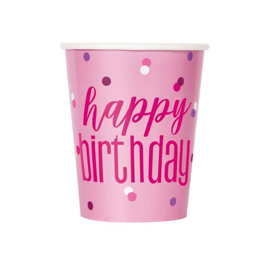 Pink "Happy Birthday" Paper Cups 270ml (Pack of 8) - The Party Marketplace