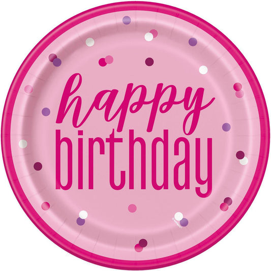 Pink "Happy Birthday" Paper Plates 23cm (Pack of 8) - The Party Marketplace