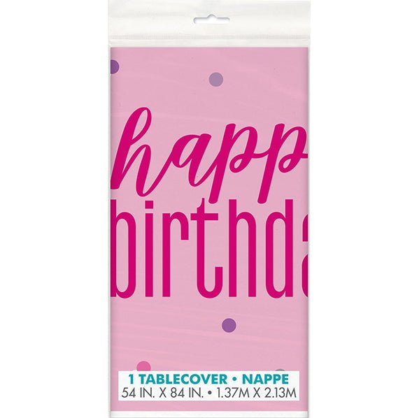Pink "Happy Birthday" Printed Tablecover 137cm x 213cm - The Party Marketplace