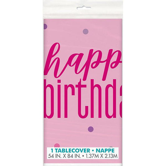 Pink "Happy Birthday" Printed Tablecover 137cm x 213cm - The Party Marketplace