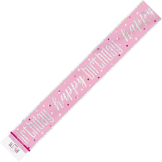 Pink "Happy Birthday" Prismatic Foil Banner - 2.74m - The Party Marketplace