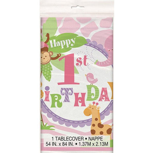 Pink Safari 1st Birthday Printed Tablecover 137cm x 213cm - The Party Marketplace
