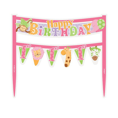 Pink Safari "Happy 1st Birthday" Cake Banner (16.5cm) - The Party Marketplace